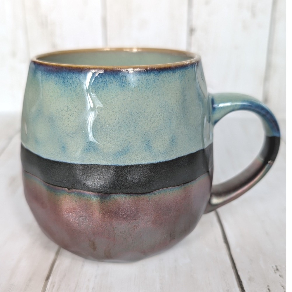 Roscher‎ Coffee Mug Blue Black Copper Iridescent Hammered Stoneware Excellent